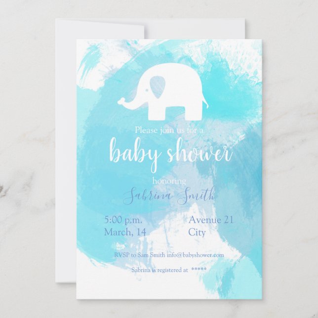 süße Baby Party Einladung blau aquarell Elefant (Vorderseite)