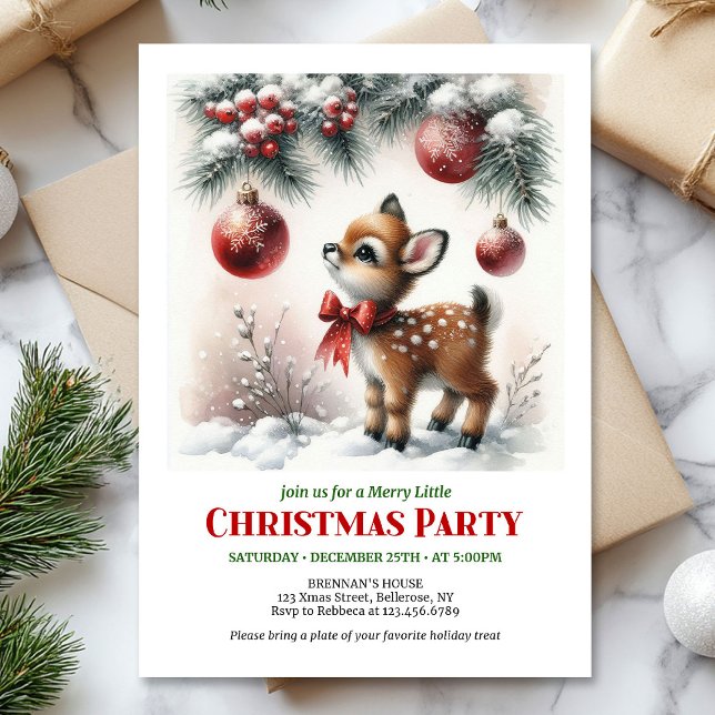 Süße Babyhirsch Weihnachts-Kinder Einladungskarte  Einladung (Cute baby deer watercolor Christmas invite red green white)