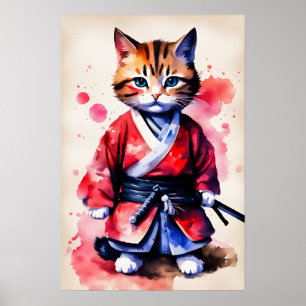 Süße Babykatze Samurai Aquarell-Kunst Poster
