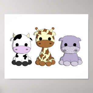 Süße Babykuh-Giraffe-Flusspferd-Kartoon-Kinderzimm Poster