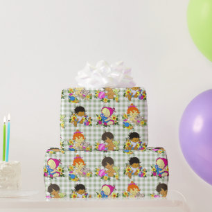 Süße Babys Retro Farbige Salbei-Grün Kariert Geschenkpapier