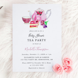 Süße Babyshower-Teeparty Pink Teekanne Skript Einladung