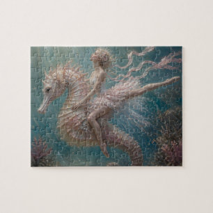 Süße Ballerina auf ihrem rosa Seepferd Puzzle