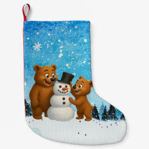 süße Bären beim Bau eines Schneemanns Kleiner Weihnachtsstrumpf