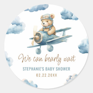 Süße Bären-Flugzeug Blaue-Junge-Baby-Party Runder Aufkleber