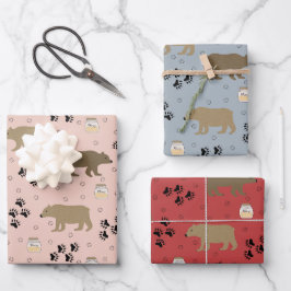 Süße Bären Fußspuren und Honig auf Rosa Blau & Rot Geschenkpapier Set