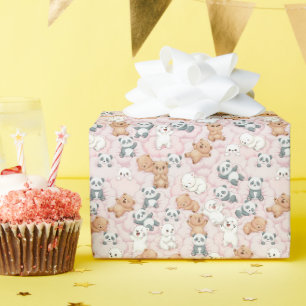 Süße Bären und Pandas auf rosa Wolken Nahtlos Geschenkpapier