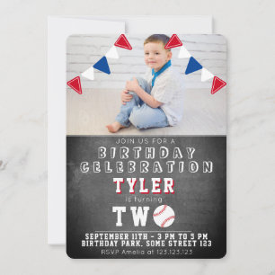 Süße Baseball-Schultafel-Kinder-Foto 2. Geburtstag Einladung