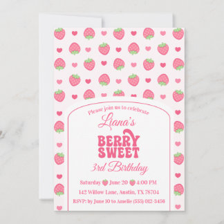 Süße Beeren Cute Pink Erdbeermädchen 3. Geburtstag Einladung