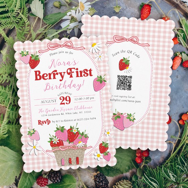 Süße Beeren Erste Erdbeermädchen 1. Geburtstag Einladung (Cute Berry First hand drawn pink and red strawberry theme gingham bow 1st girl birthday invitation)