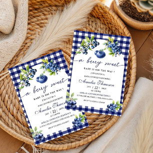 Süße Beeren Süße Blaue Gingham-Baby-Party Einladung