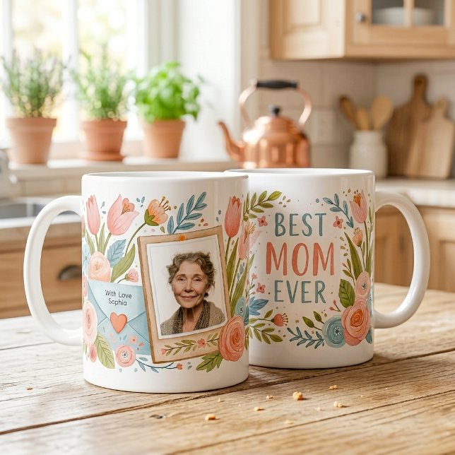 Süße beste Mutter überhaupt Florales Foto Name Mut Kaffeetasse (Cute Best Mom Ever Floral Photo Name Mother’s Day Coffee Mug)