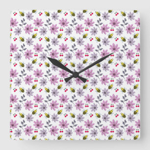 Süße Biene Florales Muster Cottagecore-Ästhetik Ro Quadratische Wanduhr
