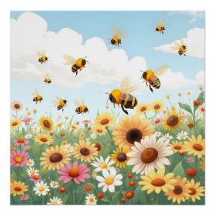 Süße Bienen und Blumen Illustration Poster