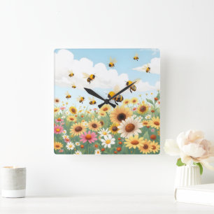 Süße Bienen und Blumen Illustration Quadratische Wanduhr