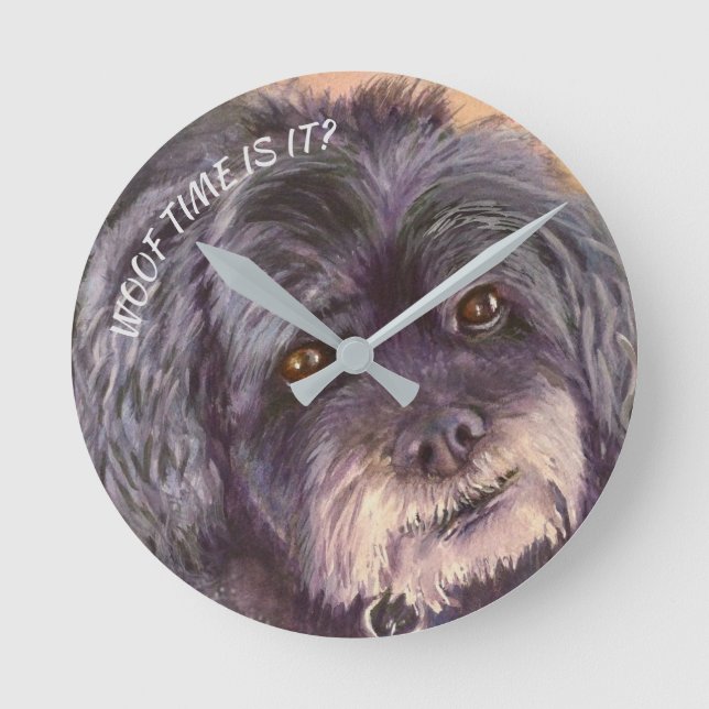 SÜSSE BLACK COCK-A-POO MIX RUNDE WANDUHR (Vorderseite)