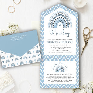 Süße Blaue Aquarell-Boho-Regenbogen-Baby-Party All In One Einladung