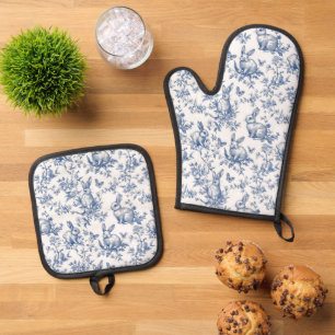 Süße Blaue Bunny Kaninchen Französische Toile Ofenhandschuh & Topflappen-Set