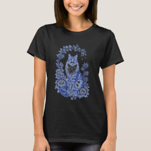 Süße blaue Chinoiserie-Katze Blumendesign Cottage T-Shirt