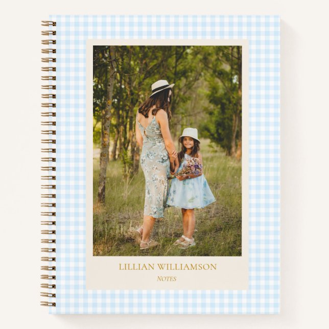 Süße blaue Gingham-Foto Notizen Journal personalis Notizbuch (Vorderseite)
