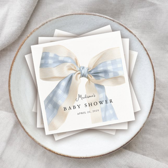 Süße blaue Gingham-Karo-Bow-Baby-Party Serviette (Von Creator hochgeladen)