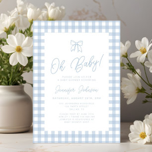 Süße blaue Gingham-Schleife Junge Oh Baby Shower Einladung