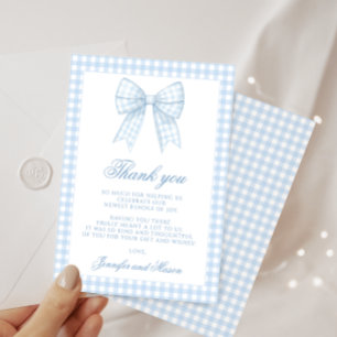 Süße blaue Gingham-Schleifen-Baby-Party Dankeskarte