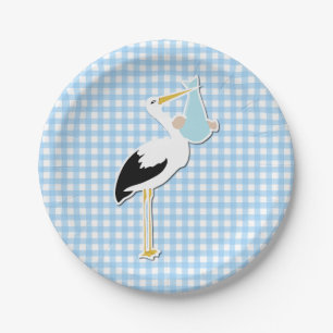 Süße blaue Gingham-und Storch-Babyparty-Platte Pappteller