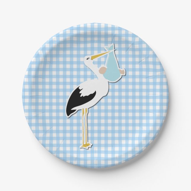 Süße blaue Gingham-und Storch-Babyparty-Platte Pappteller (Vorderseite)