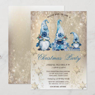 Süße blaue Gnome Schneeblumen Gold Party   Einladung