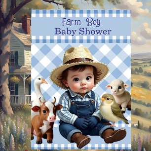 Süße blaue Karo-Bauernhof-Junge-Baby-Party-Tiere Einladung