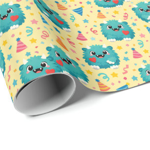 Süße blaue Monster-Einladung zum 1. Geburtstag Geschenkpapier