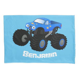 Süße blaue Monstertruck-Cartoon-Illustration Kissenbezug