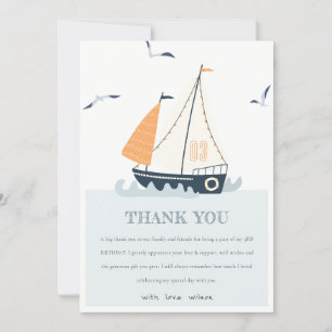 Süße blaue nautische Segelboot-Pastell-Kindergebur Dankeskarte