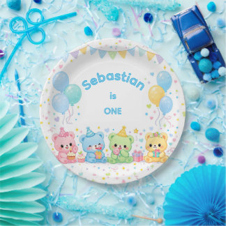 Süße blaue Pastell-Baby-Bären-Geburtstagsfeier Pappteller