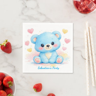 Süße blaue Pastell-Babybären-Herzen zum Geburtstag Serviette
