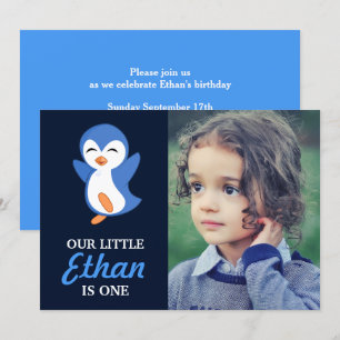Süße Blaue Pinguin Baby Junge Erste Geburtstagsfei Einladung