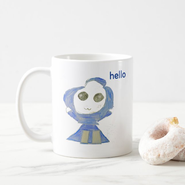 Süße blaue Puppe, Wachsmalstiftzeichnung Kaffeetasse (Mit Donut)
