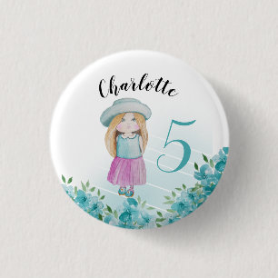 Süße blaue Puppe Wasserfarbe handgemalt Button
