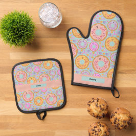 Süße blaue rosa Pastell-Donuts & Herzen Ofenhandschuh & Topflappen-Set