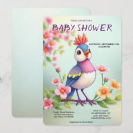Süße blaue rosa Vogel Blumen Baby Shower Einladung
