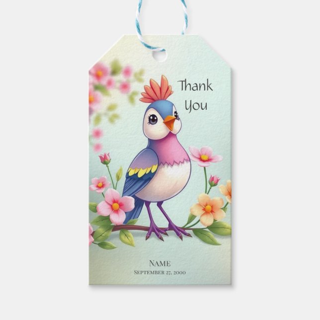 Süße Blaue Rosa Vogel Blumen Geschenkanhänger (Vorderseite)