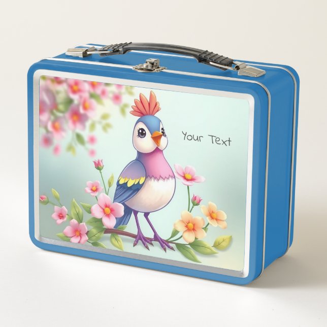Süße Blaue Rosa Vogel Blumen Metall Lunchbox (Vorderseite)