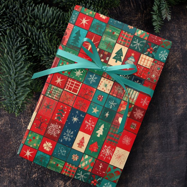 Süße blaue rote Patchworkblöcke Geschenkpapier (Von Creator hochgeladen)