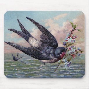 Süße Blaue Rote Schwalbe Und Hübsche Blumen Mousepad