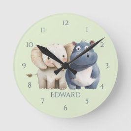 Süße blaue Safari-Nilpferd- und Elefanten-Wanduhr Runde Wanduhr