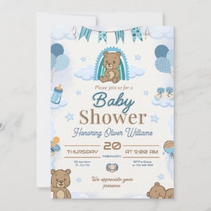 Süße blaue Teddy-Baby-Party-editierbares Design Einladung