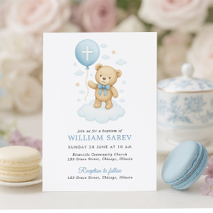 Süße Blaue Teddybär-Junge-Taufeinladung Einladung