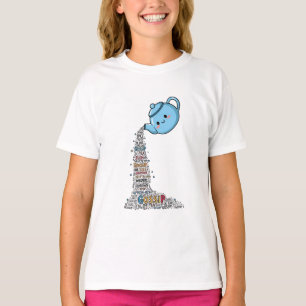 Süße blaue Teekanne, die Klatsch-Wortwolke für Kin T-Shirt