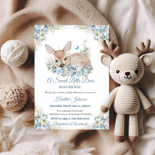 Süße blaue und beige florale Hirsch-Baby-Party Einladung